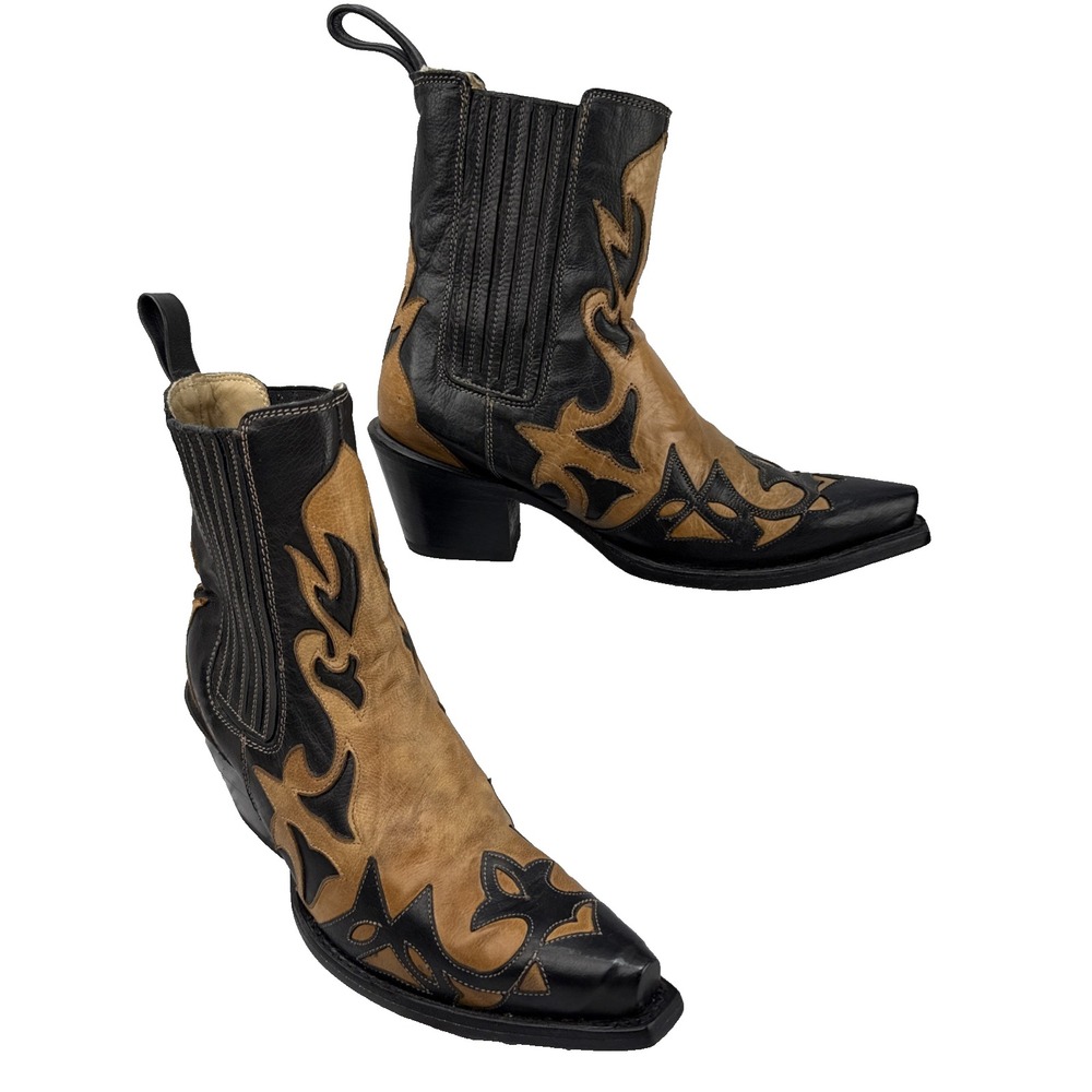 Stetson Cici Leather Western Snip Toe Ankle Boots Size 6.5 Black Tan Handmade